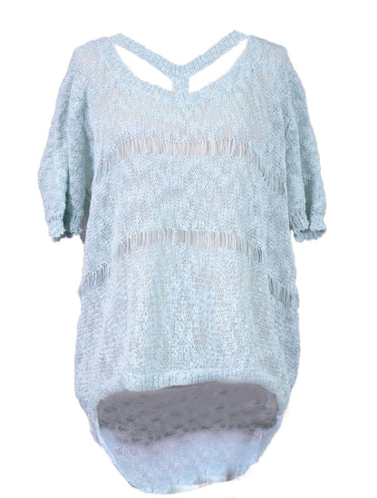 Uniq Spring Mint Open T-Back Slub Yarn Short Sleeves Hi-Lo Sweater Top