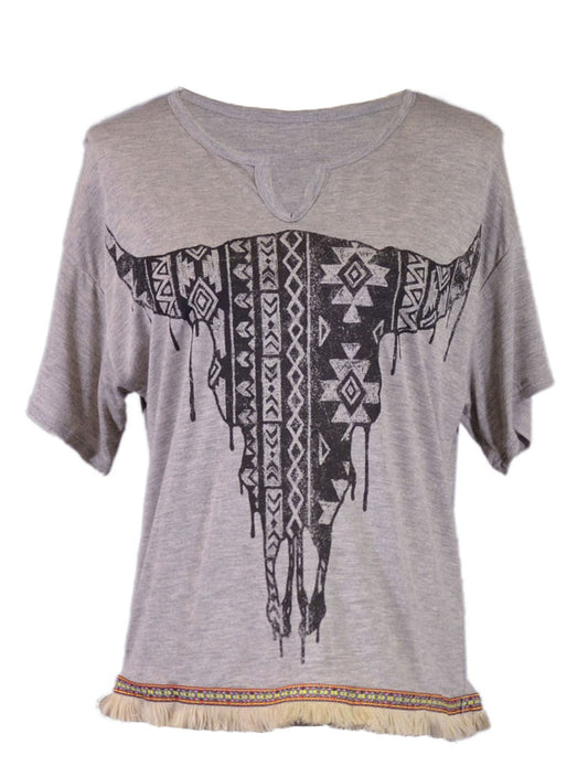 The Classic Casual Comfort Aztec Bull Print Fringe Hem Short Sleeves Knit Tee