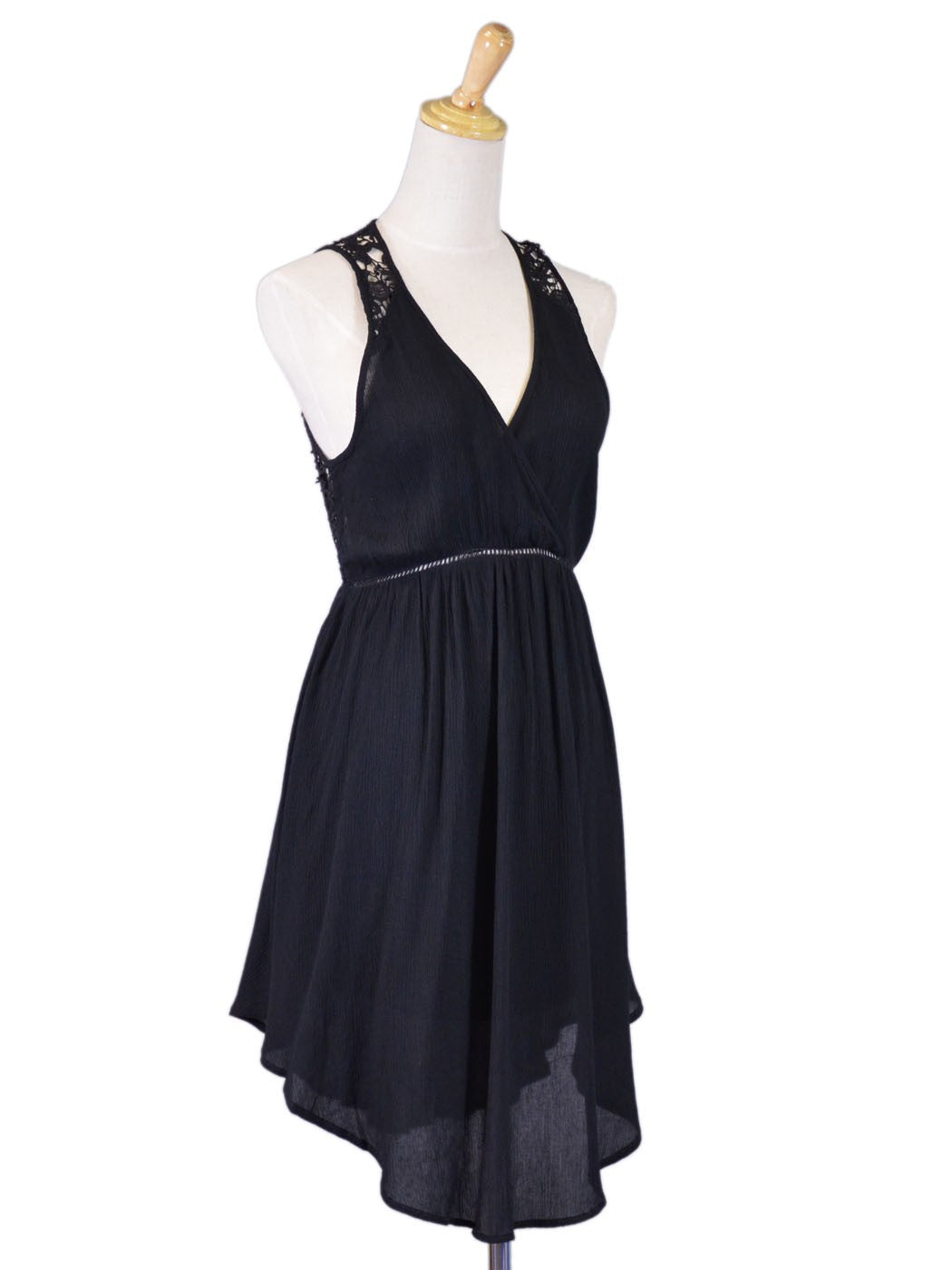 Lush Sophisticated V-Neck Lace Shoulder Open Back Crinkle Gauze Woven Dress