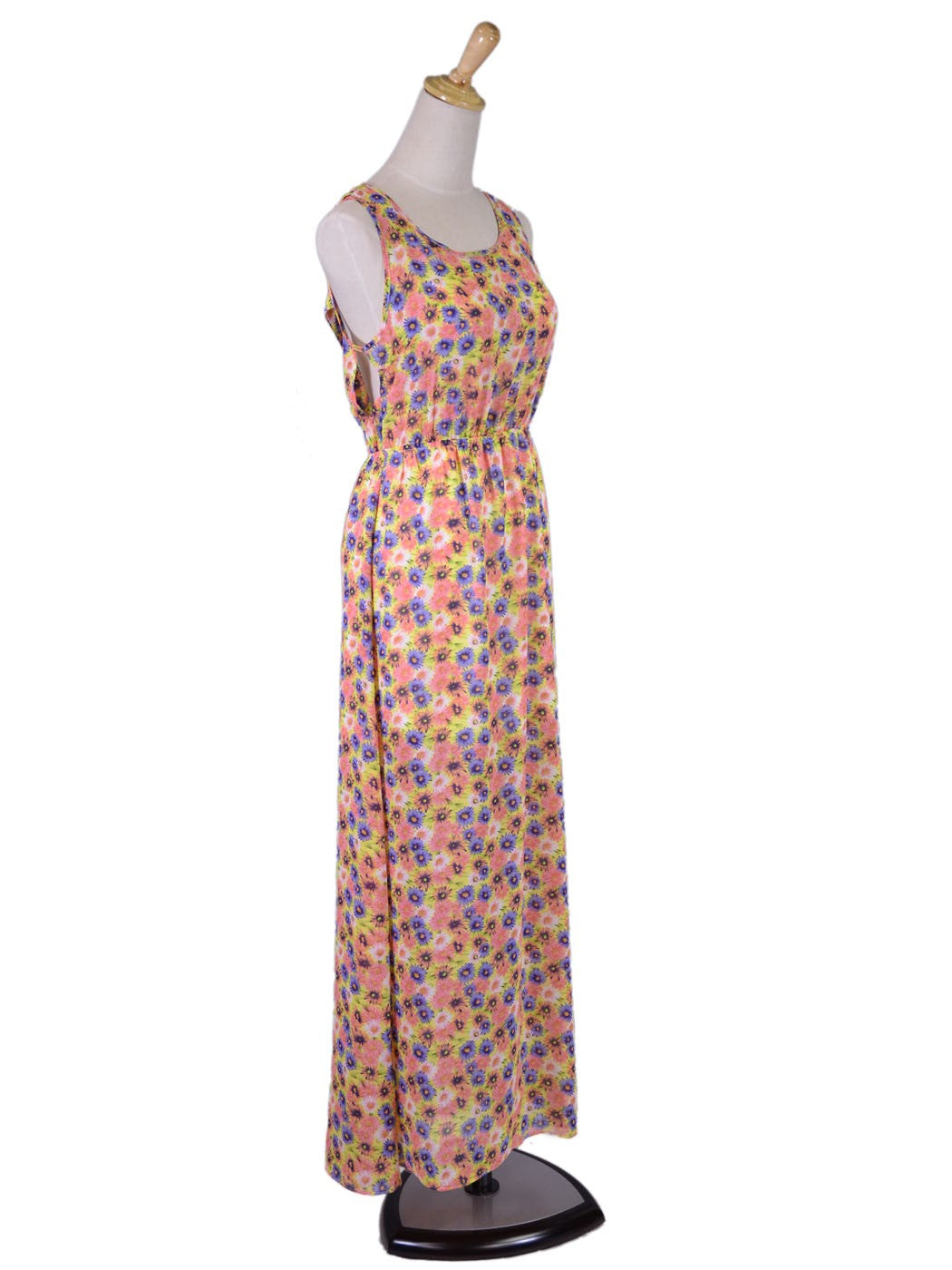Llove Spring Floral Print Elastic Waist Criss Cross Back Long Maxi Dress