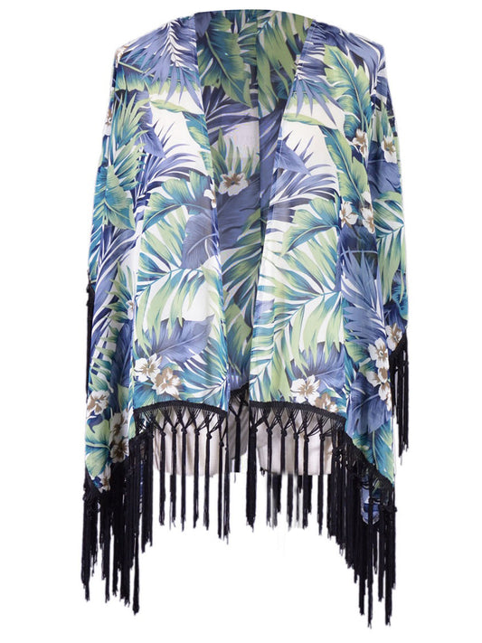 Blu Pepper Tropical Palm Tree Leaves Open Front Fringe Hem Chiffon Kimono Wrap