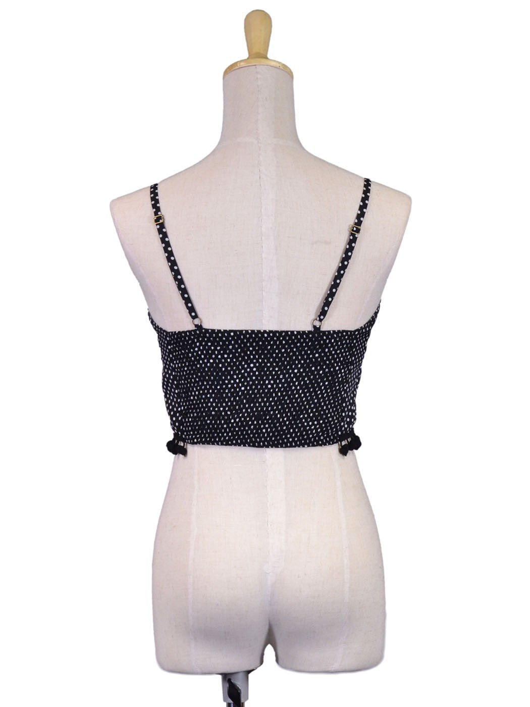 En Creme B&W Polka Dot Print Adjustable Straps Pom Pom Hem Cropped Bustier Top