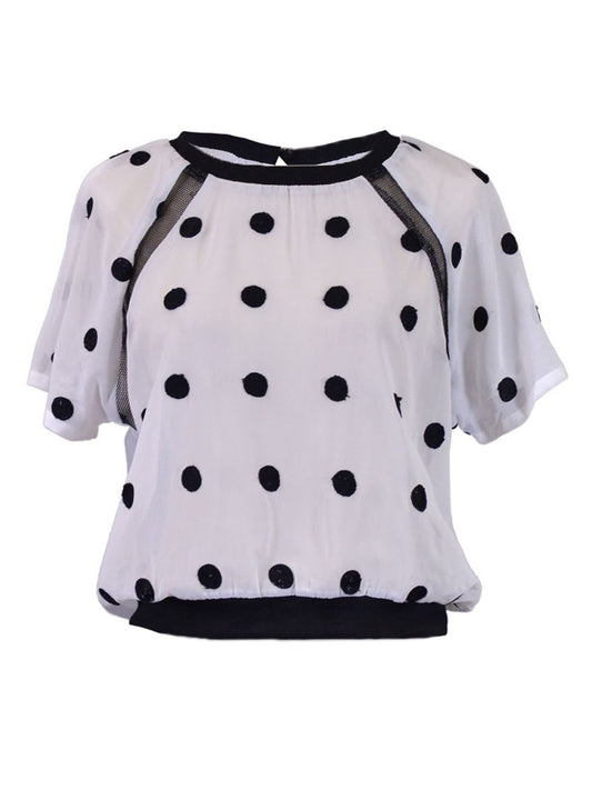 Hypercrush Urban Glam B&W Polka Dots Raglan Sleeves Contrast Sheer Blouse Top