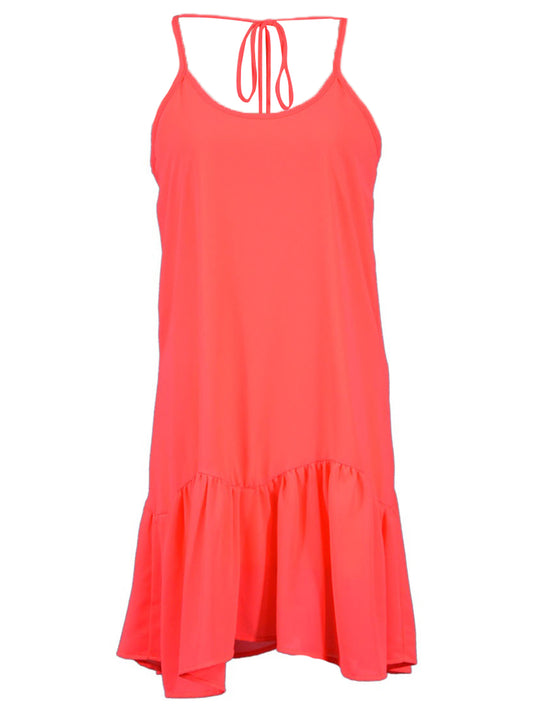 Millibon Summer Neon Dropped Waist Ruffle Hem Spaghetti Strap Woven Dress