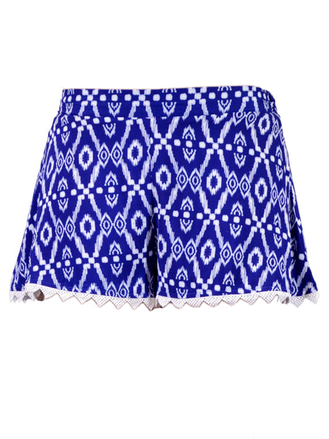 En Creme Bold Royal Blue Diamond Pattern Elastic Waist Crochet Hem Mini Shorts