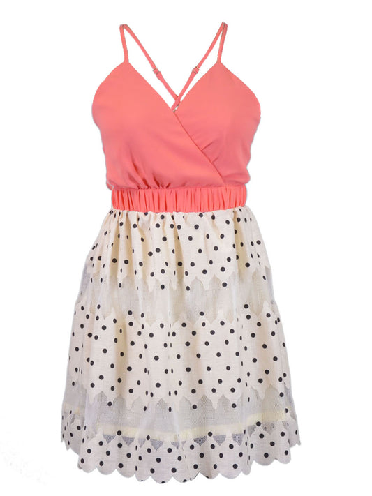 Hommage Spring Tea Party Fold Over Neckline Polka Dot Skirt Tulle Cocktail Dress