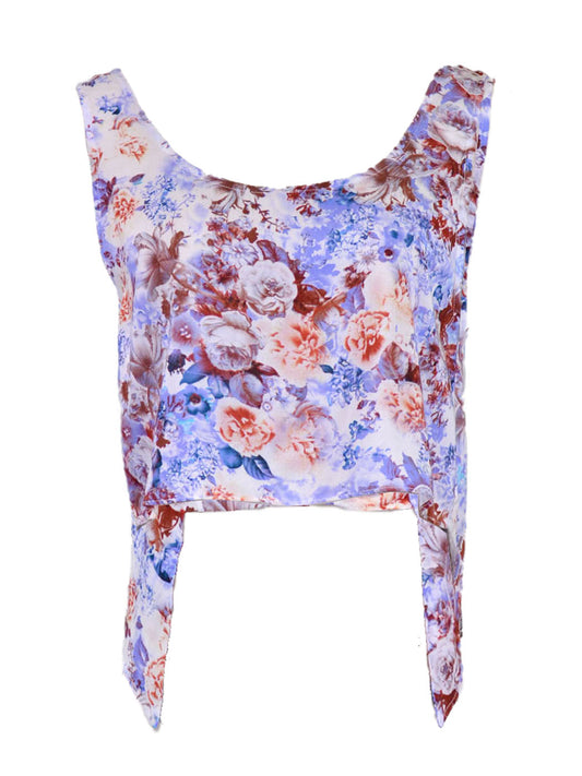 Uniq Spring Splash Floral Print Sleeveless Lattice Ribbon Bow Back Blouse Top