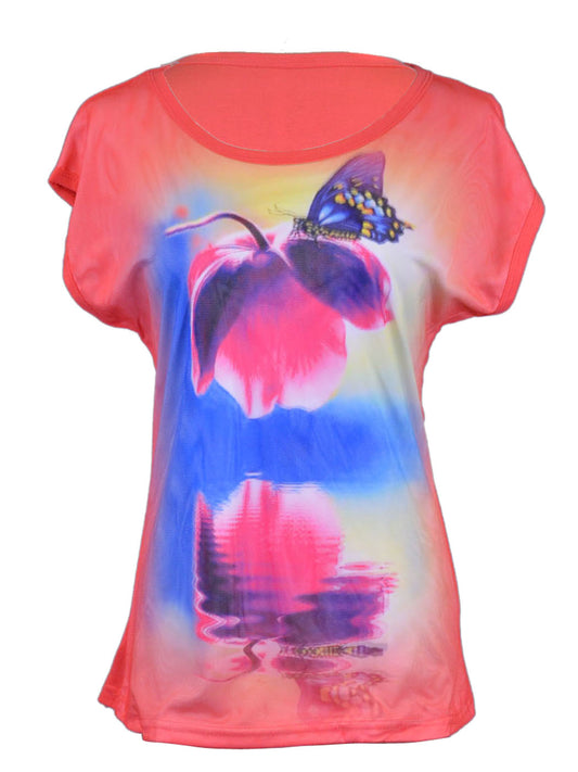 Anna-Kaci Dreamy Butterfly Floral Print 3D Hologram Whimsical Short Sleeves Top