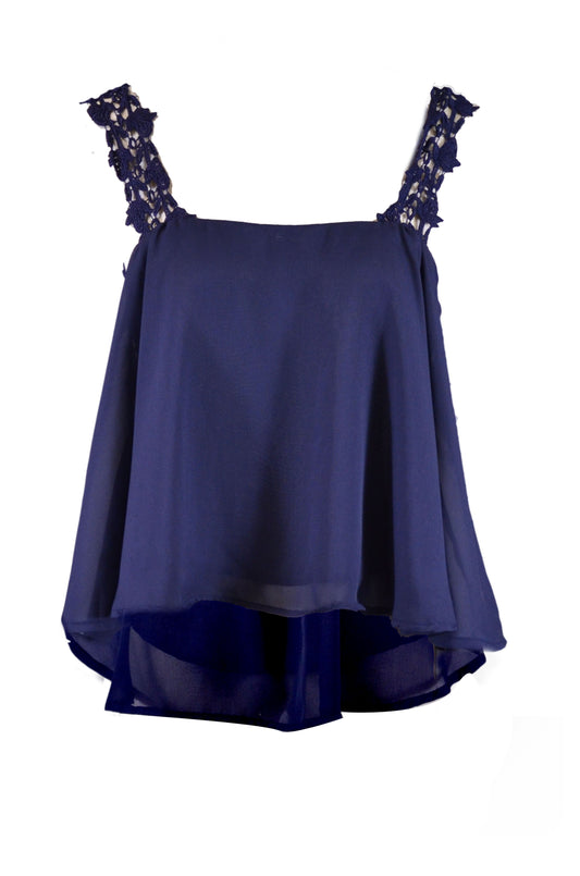 Double Zero Susan Lace Crochet Straps Flowly Chiffon Navy Blouse Top