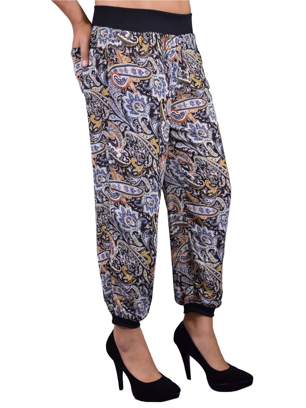 En Creme Funky Colorful Paisley Print Capri Chiffon Pants Jogger Trousers