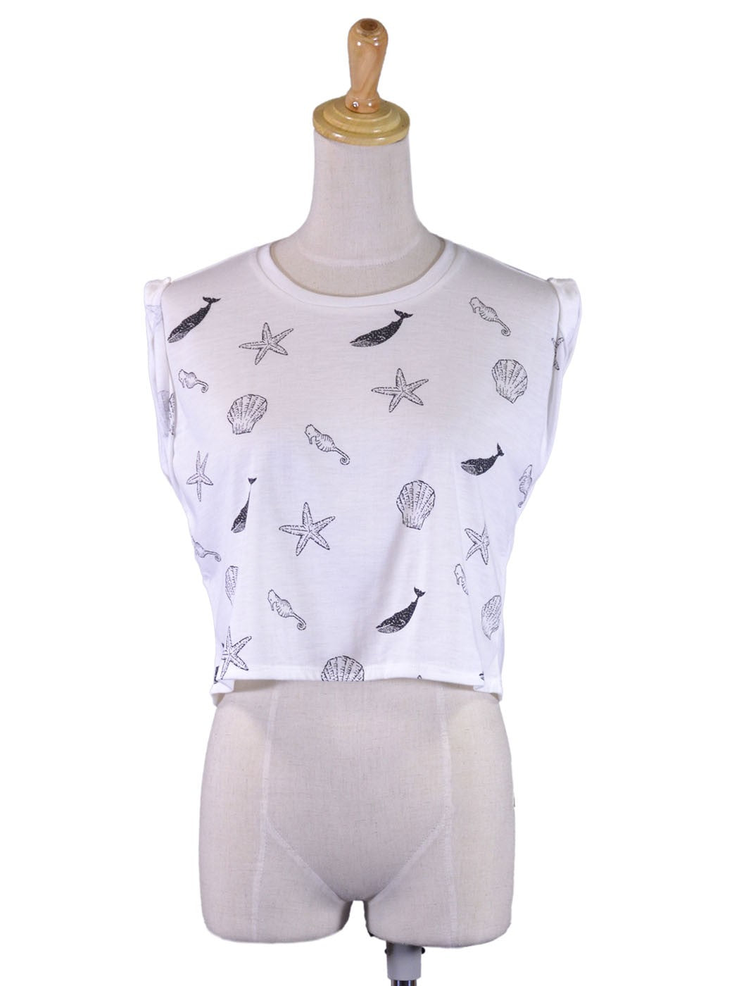 En Creme Aquatic Collection Black and White Print Muscle Shirt Cropped Tee