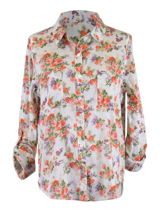 En Creme Country Paradise Floral Print Linen Button Up Long Sleeves Collar Shirt