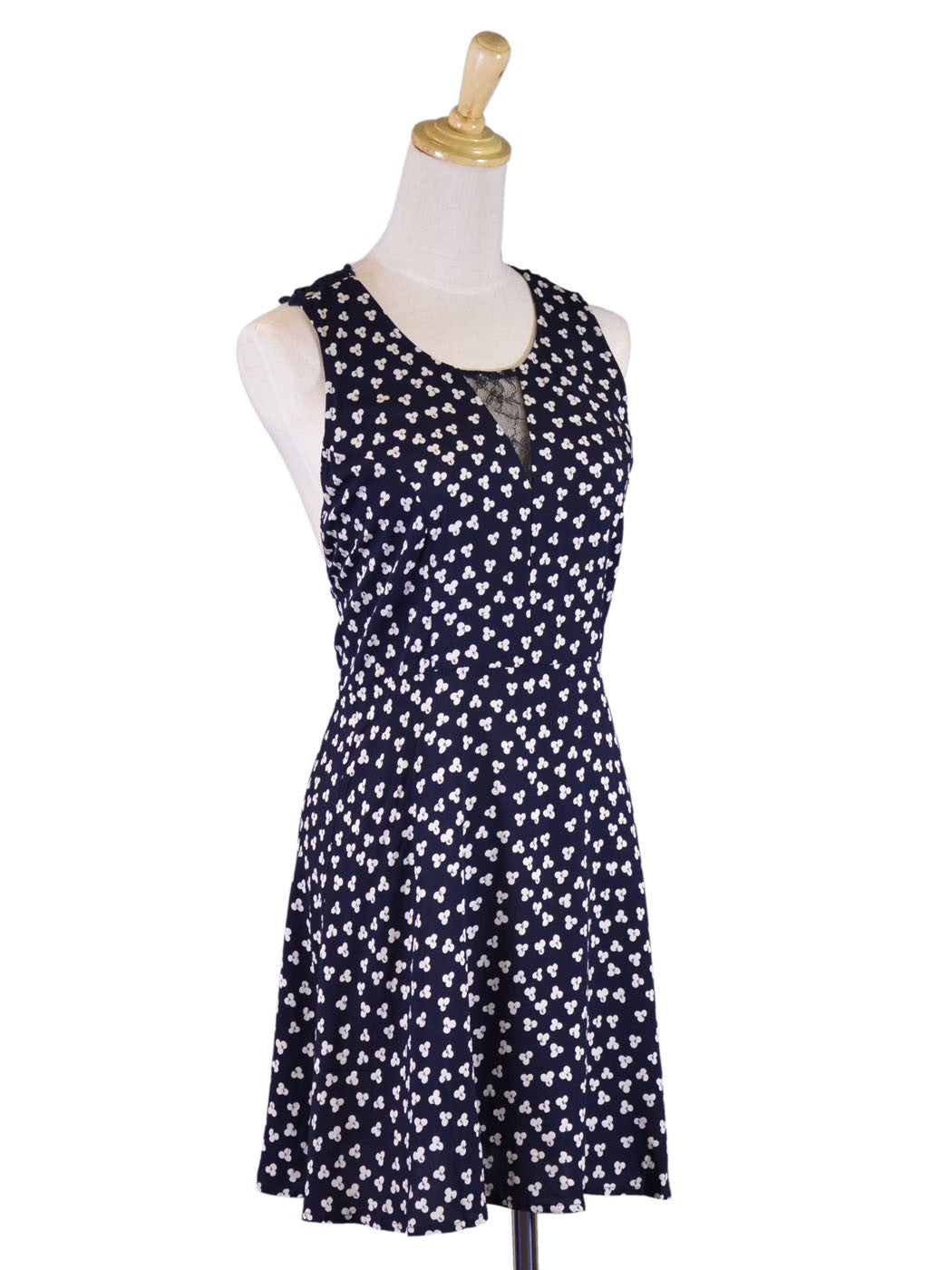 En Creme Dapper Chic Floral Print Fit & Flare Crochet Back Detail Navy Dress