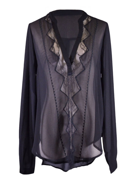 Lush Sheer Seductive Lace Embroidery Detail Woven Long Sleeves Chiffon Blouse