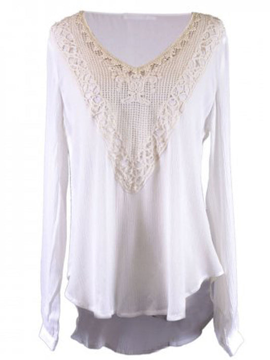 Lush Free Spirit Front Patch Detail Woven Long Sleeves Chiffon Boho Blouses Top