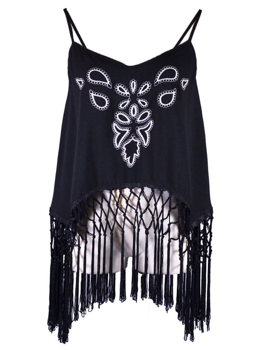 Ark & Co Enticing Flirty Floral Embroider Front Fringe Tassel Hem Chiffon Blouse