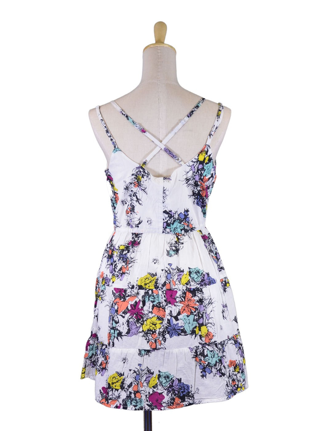 En Creme Adorable Colorful Floral Prints Double Straps Tie Waist Babydoll Dress
