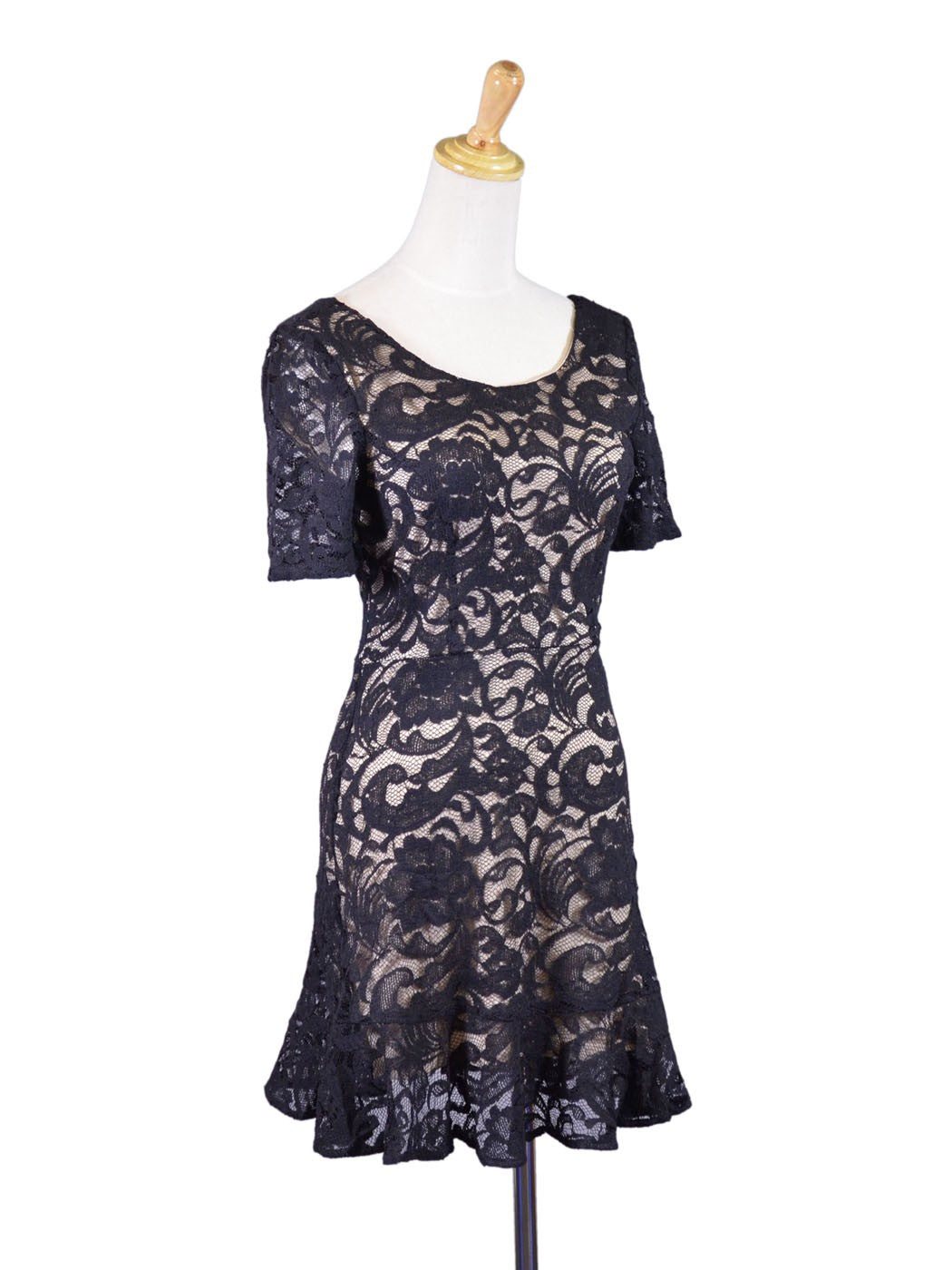Lush Night Cocktail Floral Lace Design Ruffle Hem Short Sleeves Fit Flare Dress