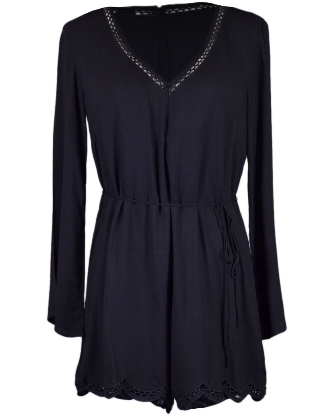 Lush Simply Sophisticated Long Sleeves V-Neck Embroidered Scallop Hem Romper