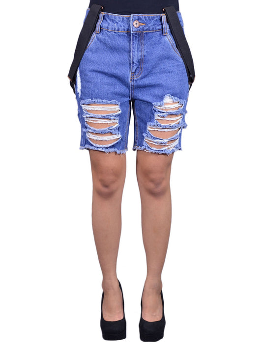 Uniq Stylist Urban Destroyed Ripped Bermuda Suspender Button Fly Denim Shorts