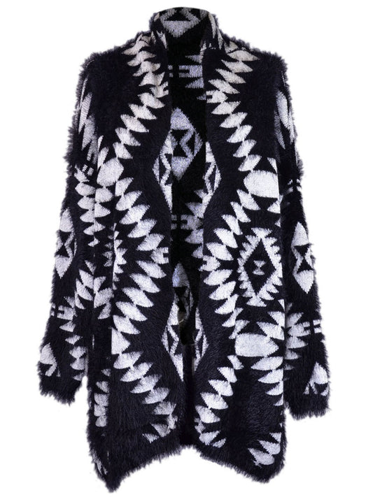 Cotton Candy Brand Black and White Geometric Print Fuzzy Texture Cardigan