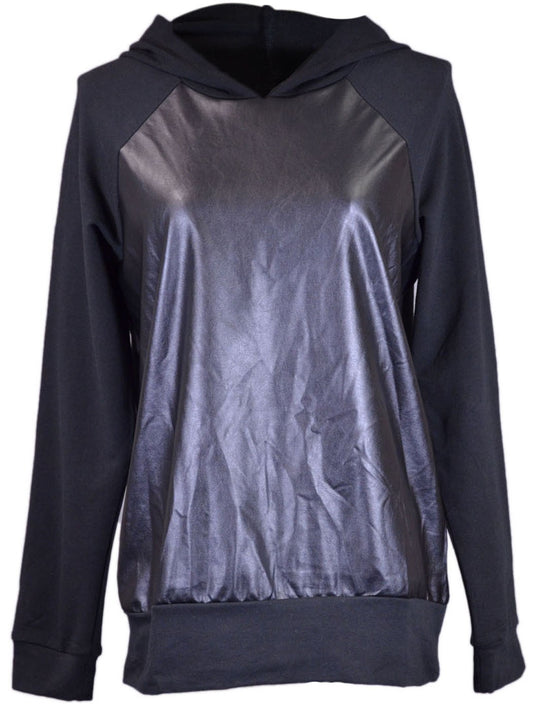 Tresics Brand Black Faux Leather Front and Elbow Patches Sweatshirt