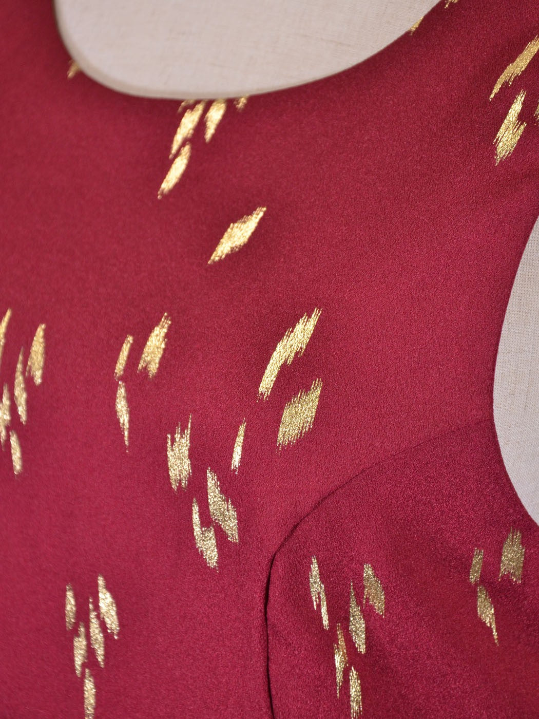 Everly Brand Red with Metallic Gold Leaf Pattern V-Back Skater Dress