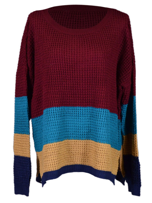 Everly Brand Red, Blue & Tan Color Block Look Thick Cable Knit Sweater