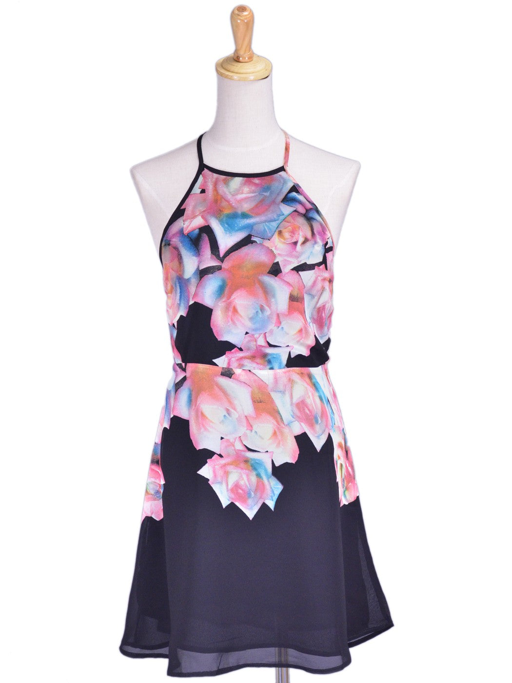 Cotton Candy Brand Black Pink Abstract Roses Halter Exposed Back Chiff –