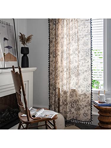 Dodolly Botanical Print Semi-Blackout Window Curtains 2 Panels Farmhouse Style Cotton Linen Darkening Curtains with Grommet Window Drapes for Living Room Bedroom (59in W x 63in L)