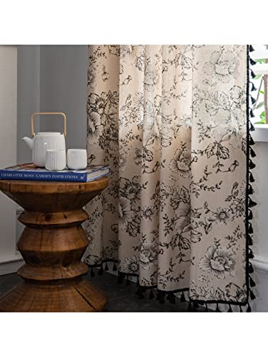 Dodolly Botanical Print Semi-Blackout Window Curtains 2 Panels Farmhouse Style Cotton Linen Darkening Curtains with Grommet Window Drapes for Living Room Bedroom (59in W x 63in L)