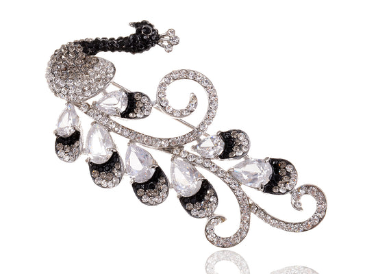 Swarovski Crystal Black White Flourish Tail Mod Peacock Pin Brooch