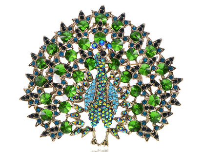 Blooming Emerald Colored Peacock Pin Brooch