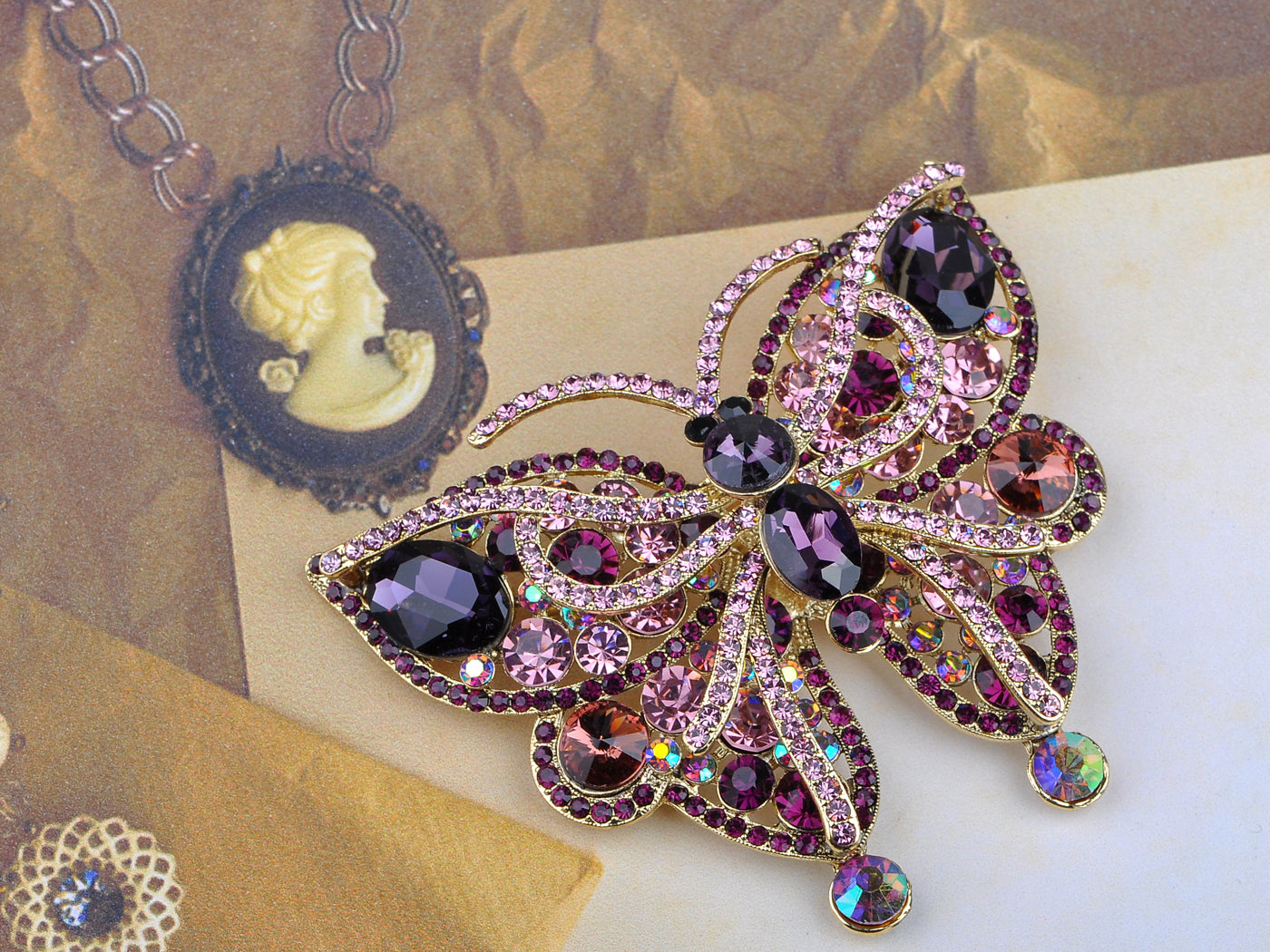 Vintage Amethyst Pink Butterfly Insect Brooch Pin