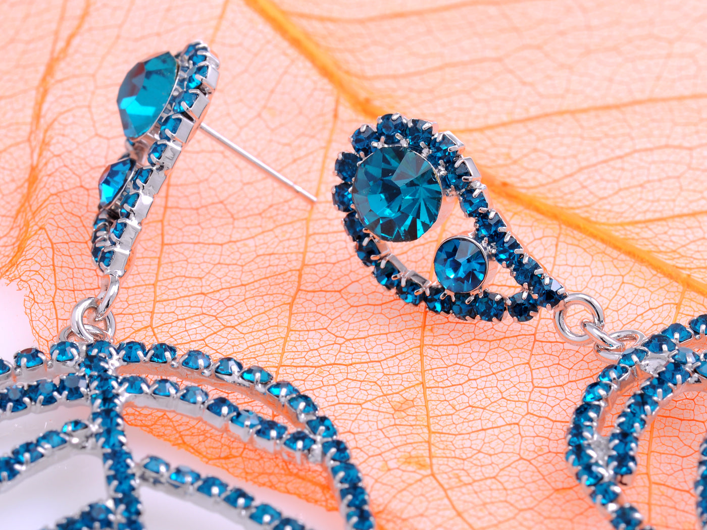 Swarovski Crystal Element Silver Sapphire Blue Colored Leaf Dangle Earring