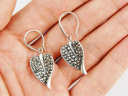 Element Antique Silver Satin Leaf Fish Hook Dangle Earrings