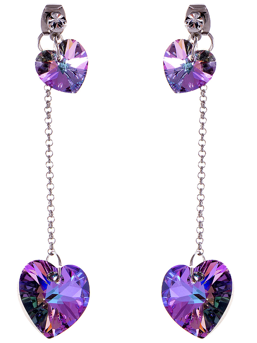 Element Silver Romantic Purple Heart Dangle Chain Drop Earrings