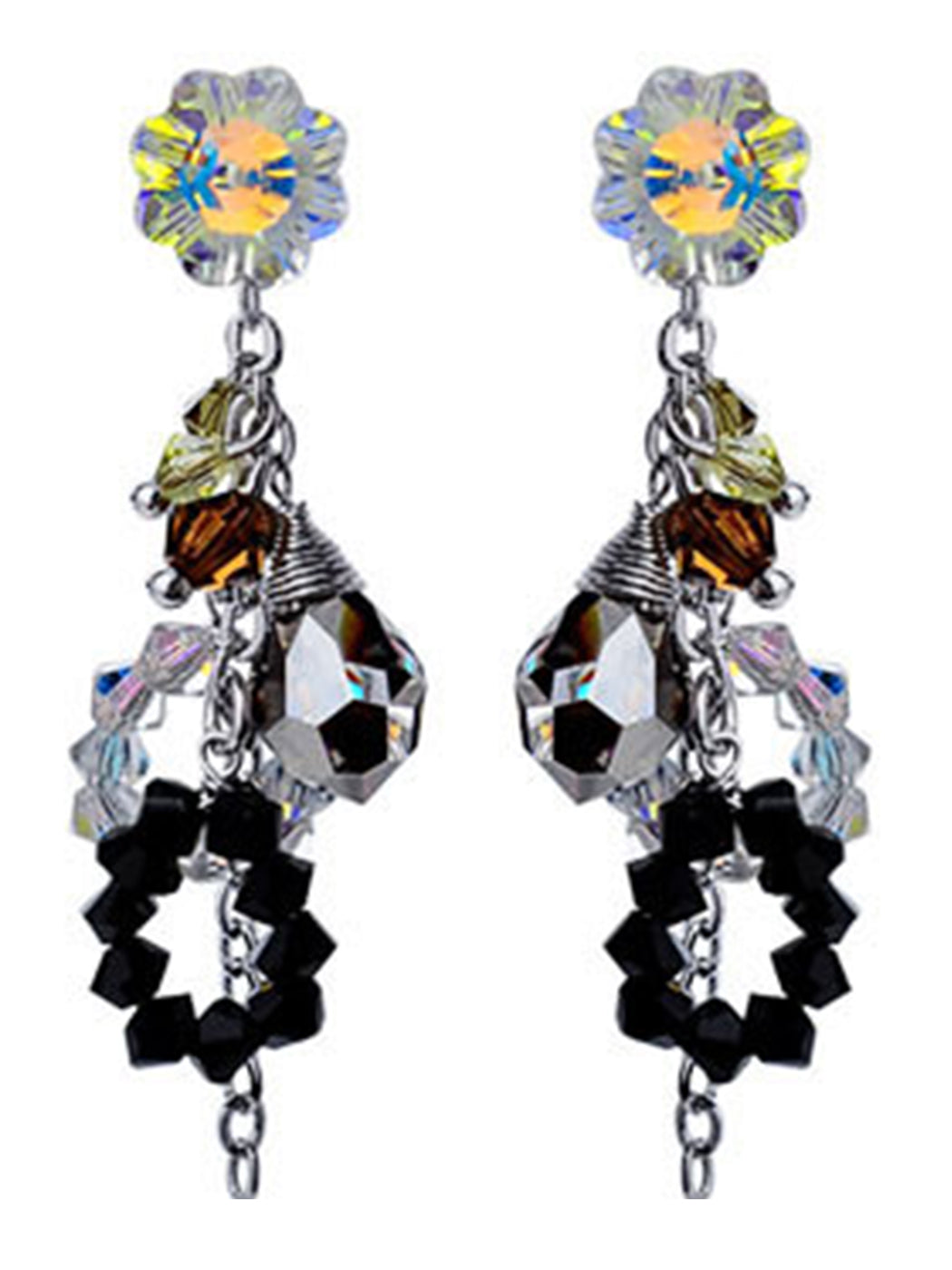 Swarovski Crystal Element Silver Multicolored Spiral Cluster Flower Prism Beaded Dangle Earrings