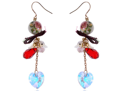 Swarovski Crystal Element Gold Multicolored Oriental Dove Heart Beaded Dangle Earrings