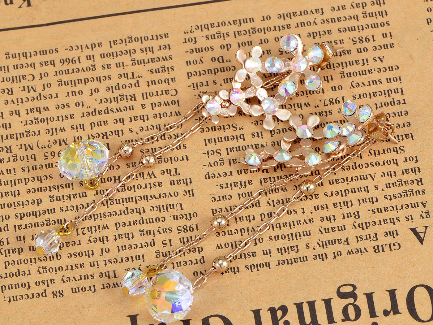 Swarovski Crystal Element Gold Iridescent Daisy Cluster Flower Chain Drop Earrings