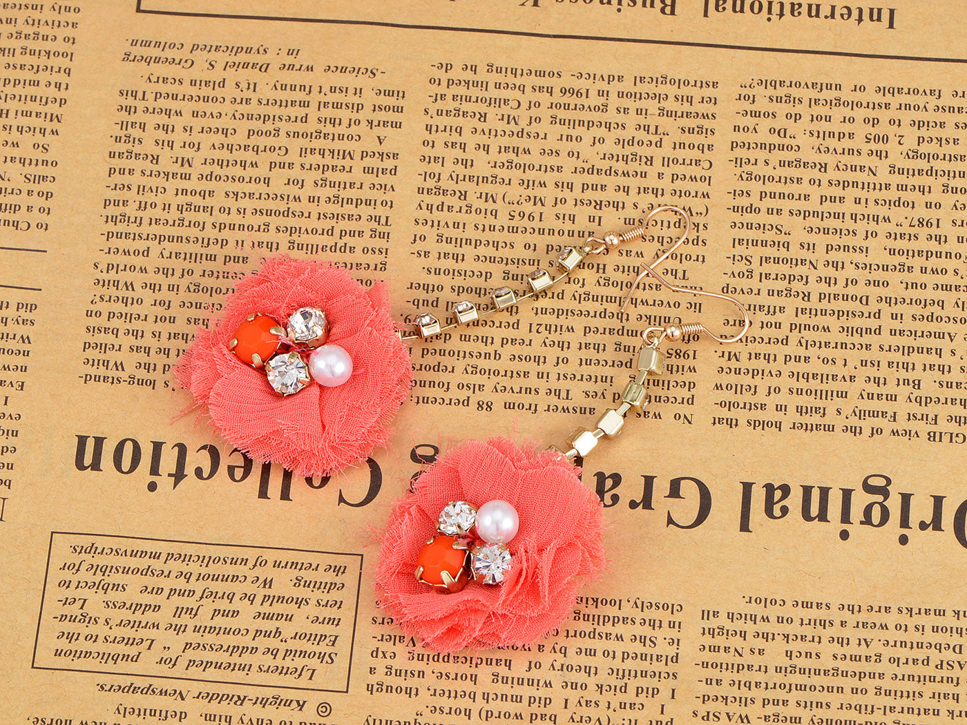 Element Gold Floral Coral Pink Fuzzy Fabric Ball Dangle Earring