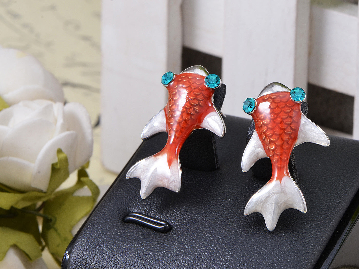 Swarovski Crystal Element Silver Red Nautical Japanese Koi Fish Stud Earrings