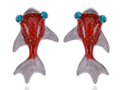 Swarovski Crystal Element Silver Red Nautical Japanese Koi Fish Stud Earrings