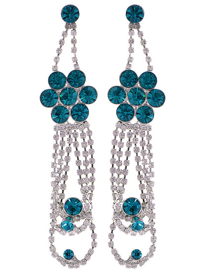 Swarovski Crystal Element Silver Teal Blue Colored Floral Dangle Drop Earrings