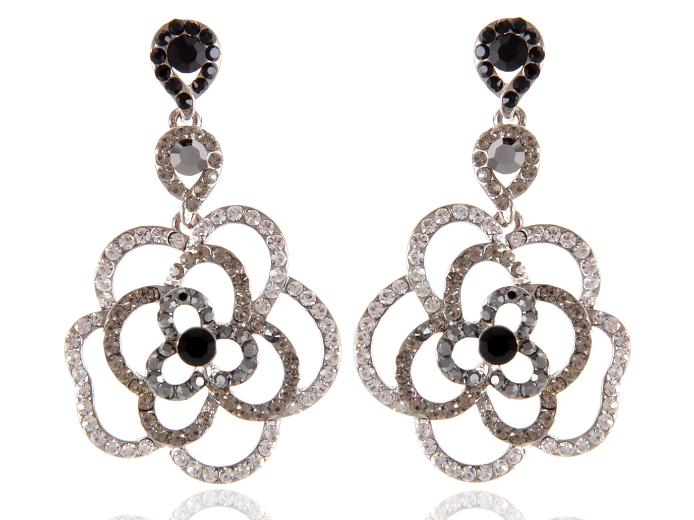 Swarovski Crystal Element Silver Black Grey Floral Rose Dangle Earrings