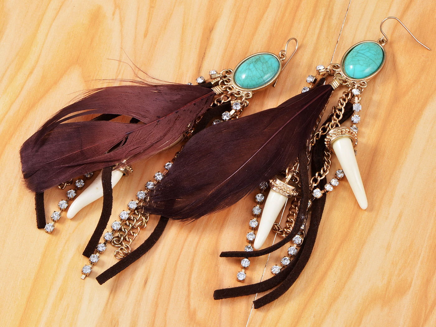 Vintage Turquoise Feather Tusk Beaded Chocolate Brown Earrings
