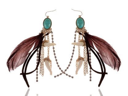 Vintage Turquoise Feather Tusk Beaded Chocolate Brown Earrings