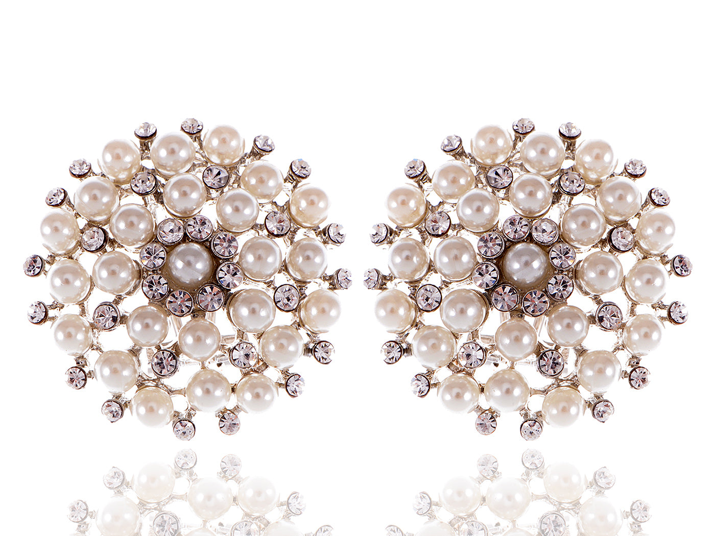 Swarovski Crystal Element Silver Floral Flower Wreath Shield Pearl Stud Earrings