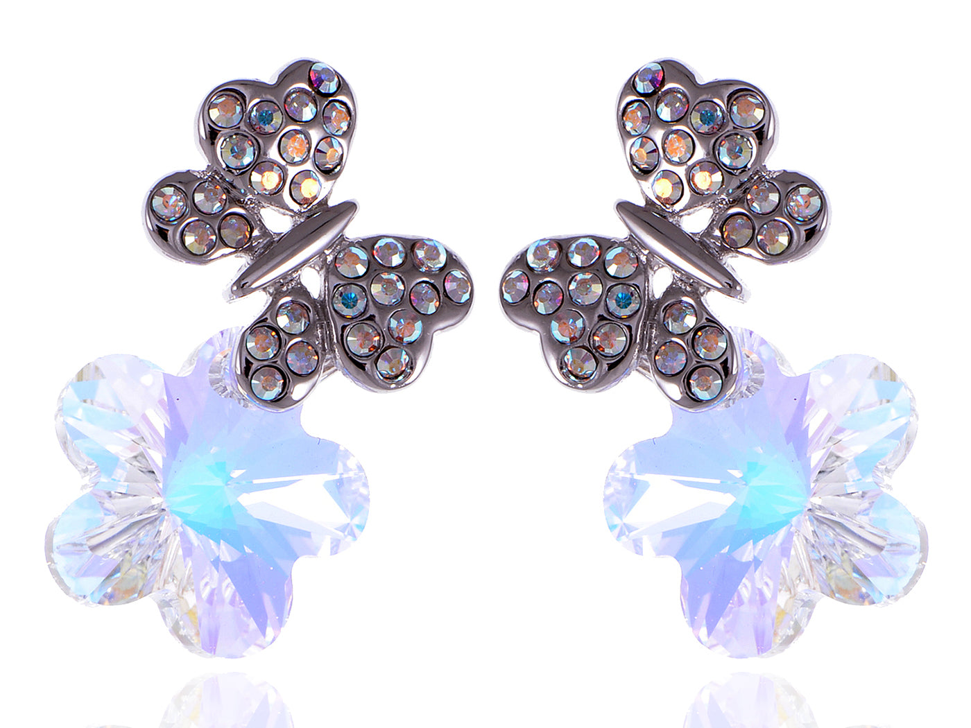 Swarovski Crystal Element Silver Aurora Borealis Colored Butterfly Flower Stud Earrings