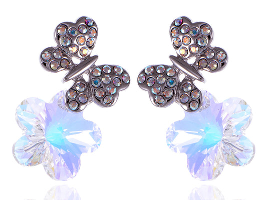 Swarovski Crystal Element Silver Aurora Borealis Colored Butterfly Flower Stud Earrings